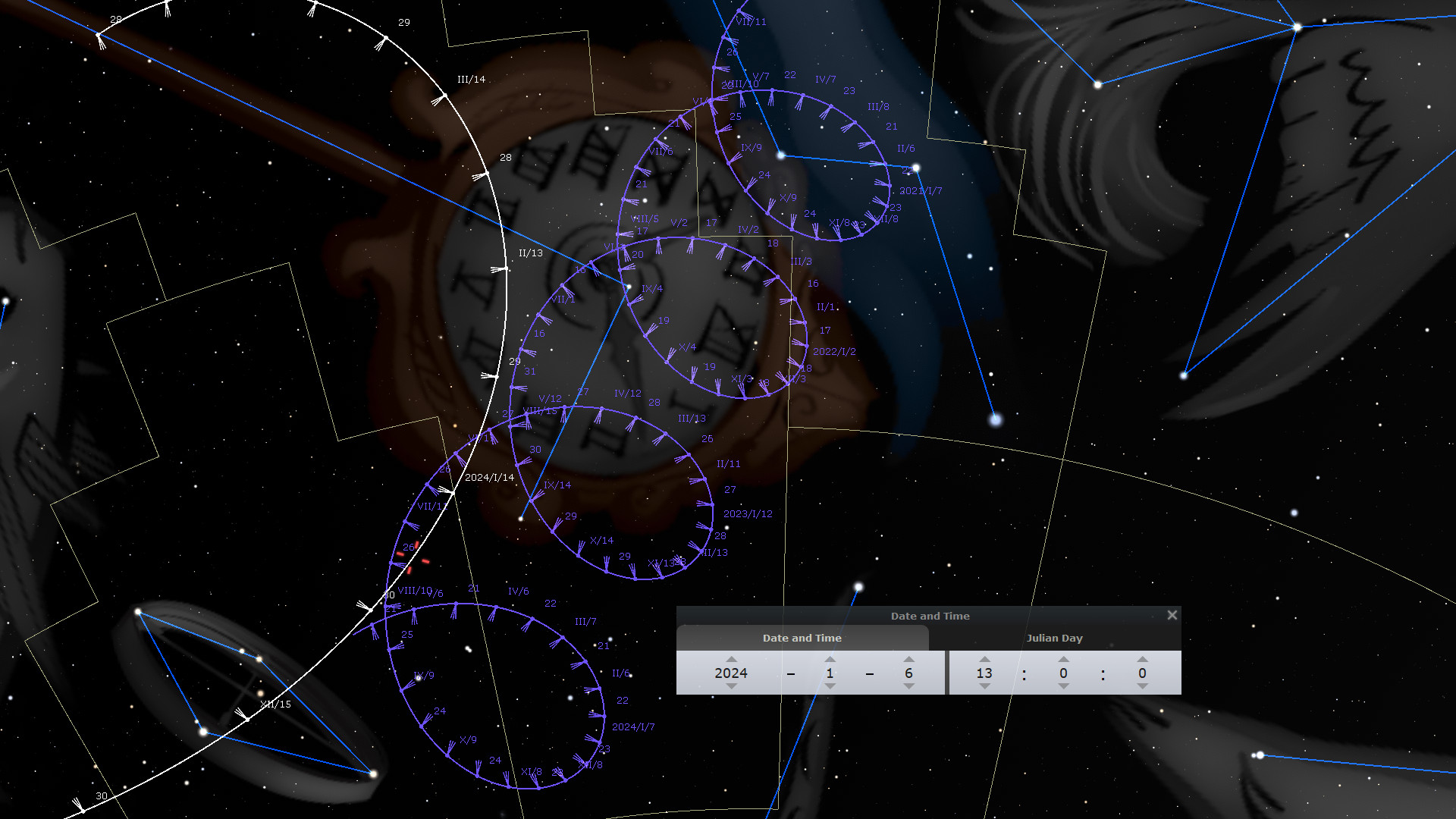 A detailed digital illustration depicting a celestial chart with circular and angular overlays marking events in the night sky. Each segment is labeled with dates and symbolic annotations in shades of purple and blue. Also prominent is an interactive panel at the bottom representing a calendar set to a date in January 2024, with settings for day and time adjustments.