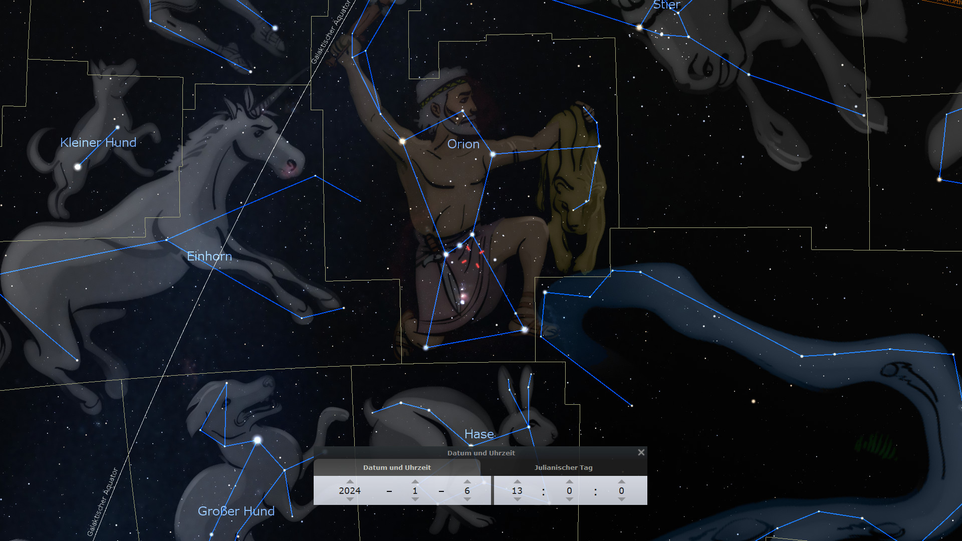Digitale Darstellung verschiedener Sternbilder am nächtlichen Himmel, darunter Orion, der Große und der Kleine Hund sowie ein Einhorn. Zusätzlich sind Verbindungslinien zwischen den Sternen zu sehen, die die Umrisse der Sternbilder skizzieren. Im Vordergrund sieht man eine Benutzeroberfläche mit Datum und Julianischem Tag.
