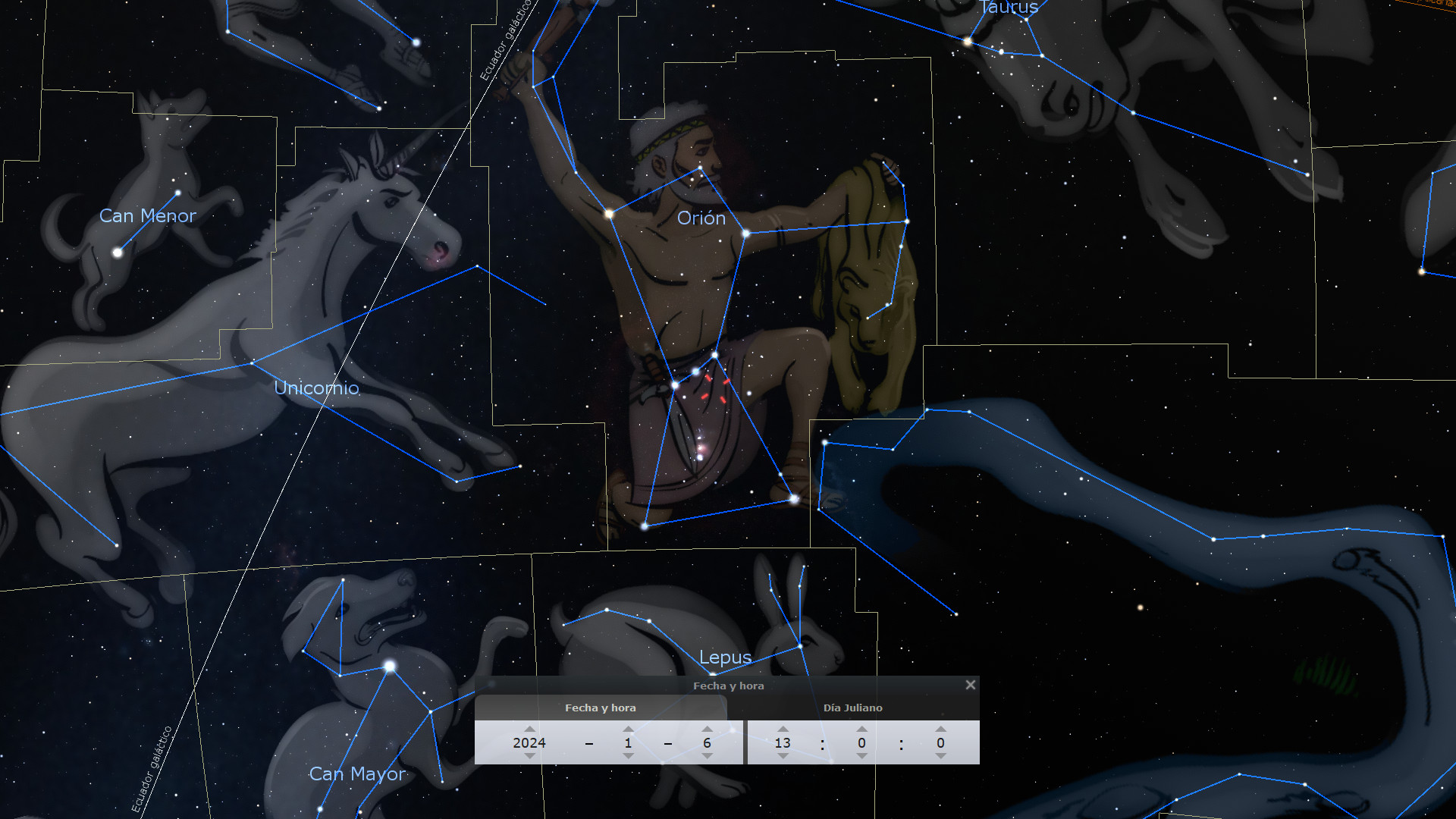Una imagen que representa múltiples constelaciones en el cielo nocturno ilustrado, incluyendo a Orión el cazador preparado con su arco, el Can Menor y el Can Mayor, y la constelación del Lepus, bajo un firmamento estrellado.