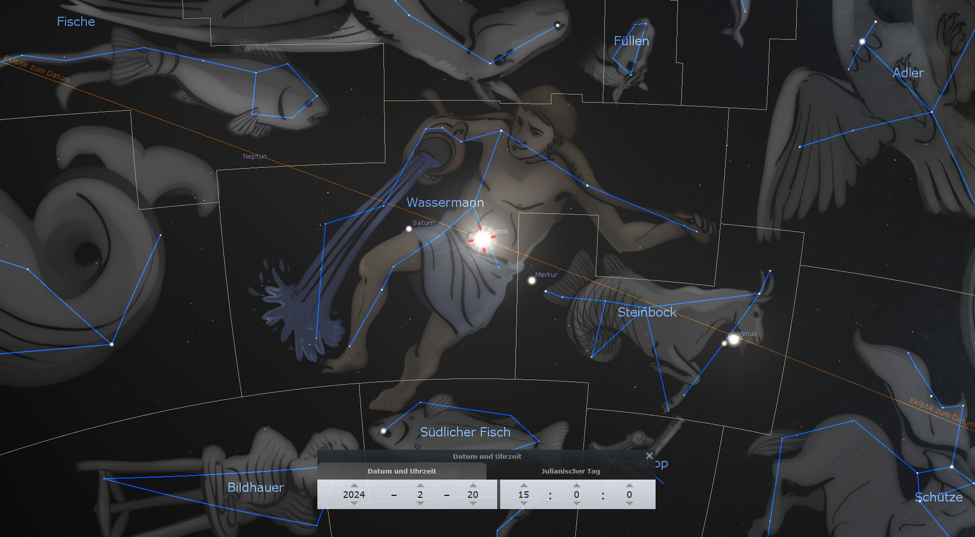 Eine astronomische Darstellung mit konstellatorischen Figuren und Positionen der Planeten. Der Wassermann, ein Mann mit einem Krug, ist zentral abgebildet. Leuchtende Punkte markieren die Lage der Sonne, des Saturns und des Merkurs. Weitere himmlische Figuren, welche Teil des Mazzaroth sind, umfassen u.a. Adler, Steinbock und Fische, strukturiert durch Blaue Linien und Namenstags.