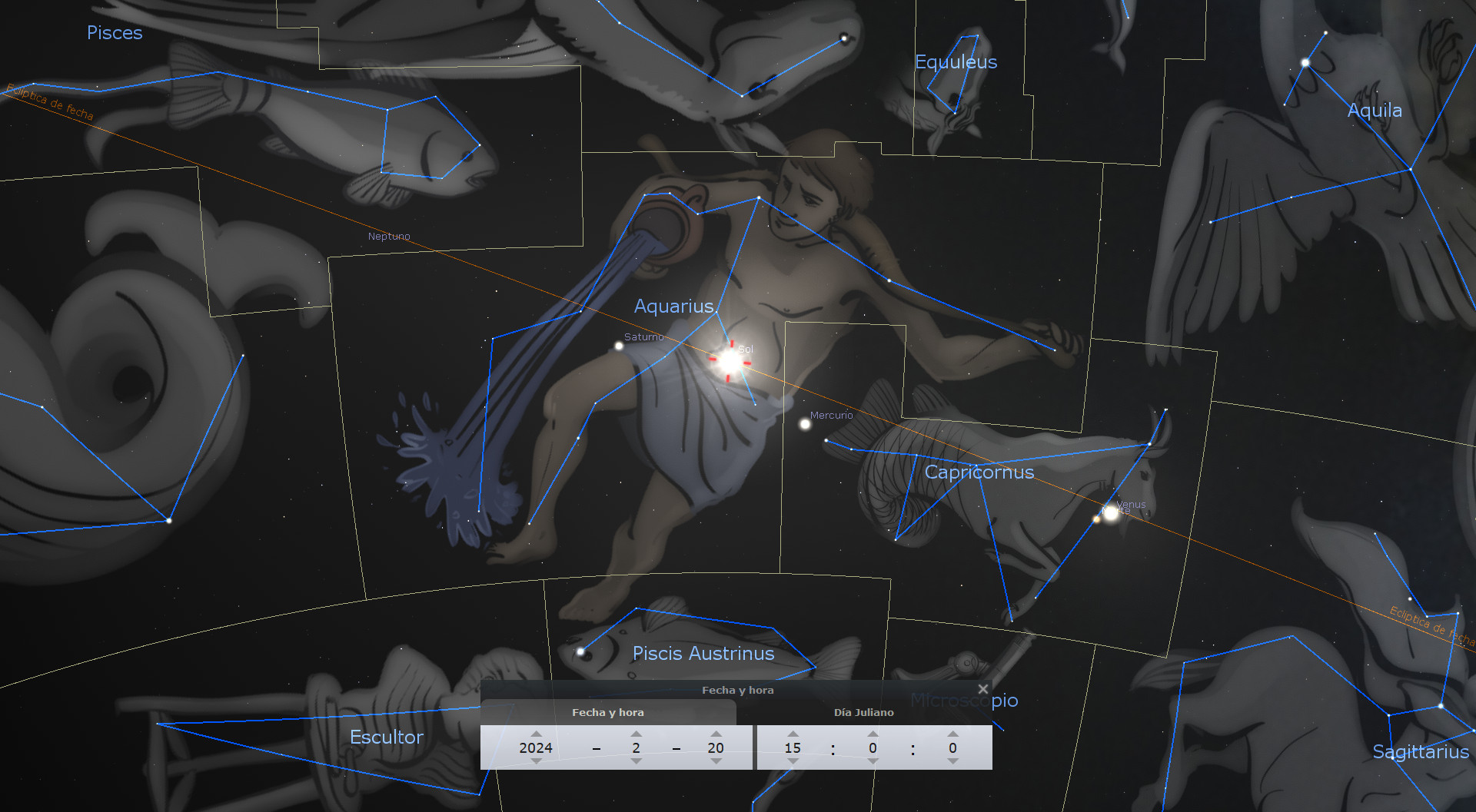 Representación digital del cielo nocturno mostrando constelaciones y posiciones planetarias con líneas que conectan las estrellas para formar figuras. Foco en Acuario sosteniendo un aguamanil, con planetas como Saturno y Mercurio visibles, y el Sol marcado cerca del centro. Referencias a grupos de estrellas que componen la Mazzaroth según las Escrituras.