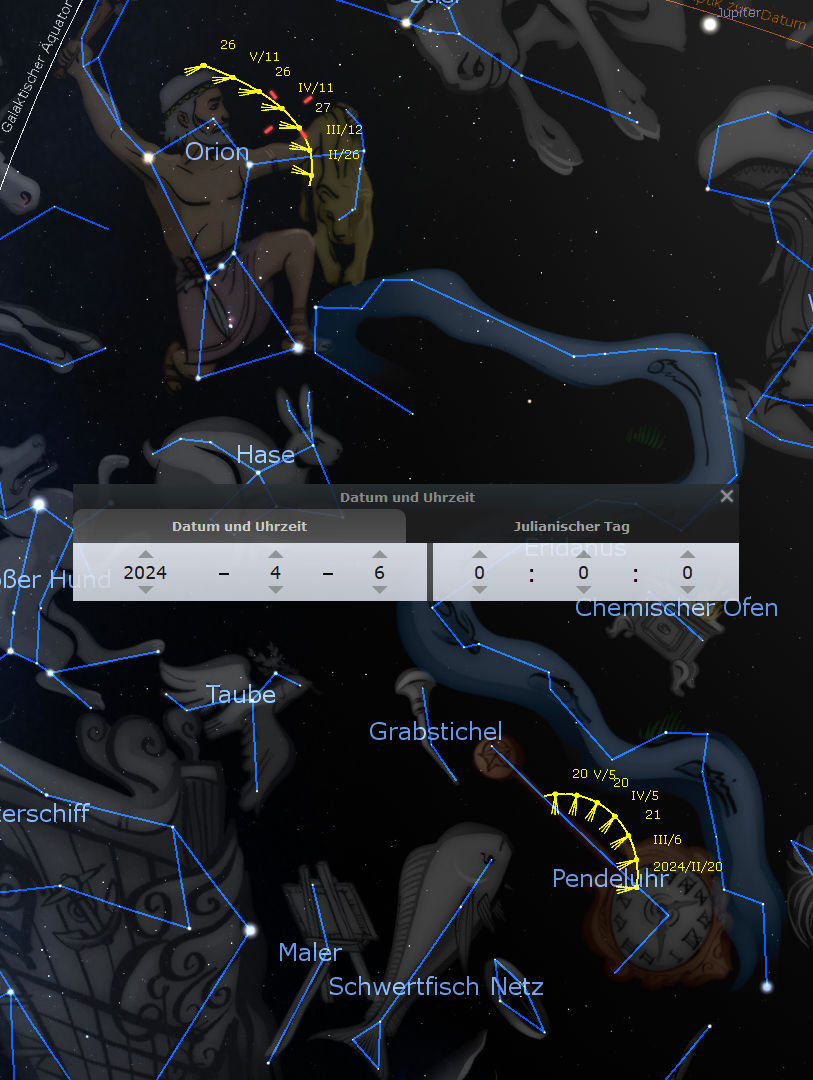 Digitale Darstellung verschiedener Sternkonstellationen auf einem schwarzen Hintergrund, einschließlich Orion. Hervorgehobene Linien verbinden Sterne, um bekannte Muster zu bilden, darunter ein Hase und eine Taube. Die Beschriftungen sind in deutscher Sprache und umfassen Datenangaben und spezifische Konstellationsnamen.