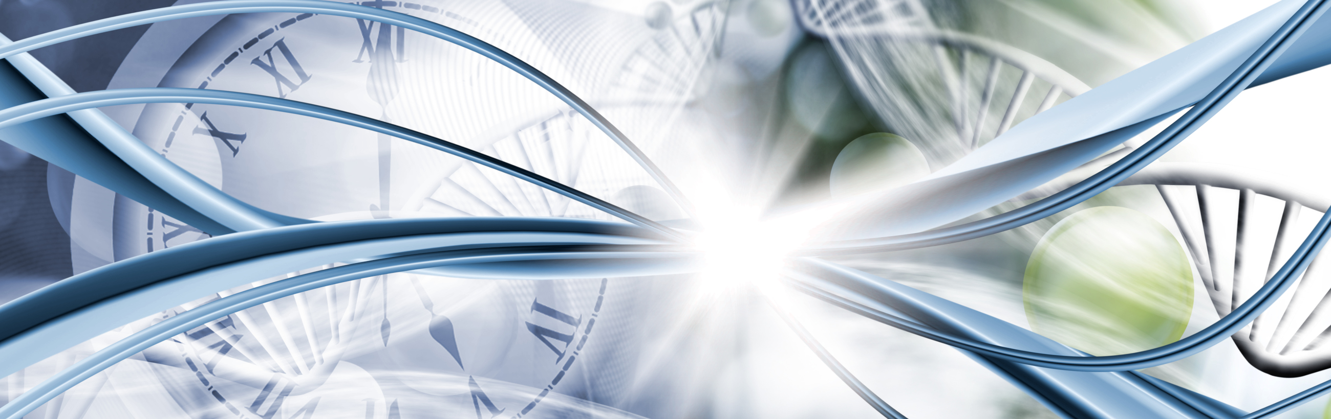 Abstract art of swirling blue lines and glowing white light interspersed with ghosted images of timepieces and strands resembling DNA structures, suggesting themes of time and life’s intricate patterns.