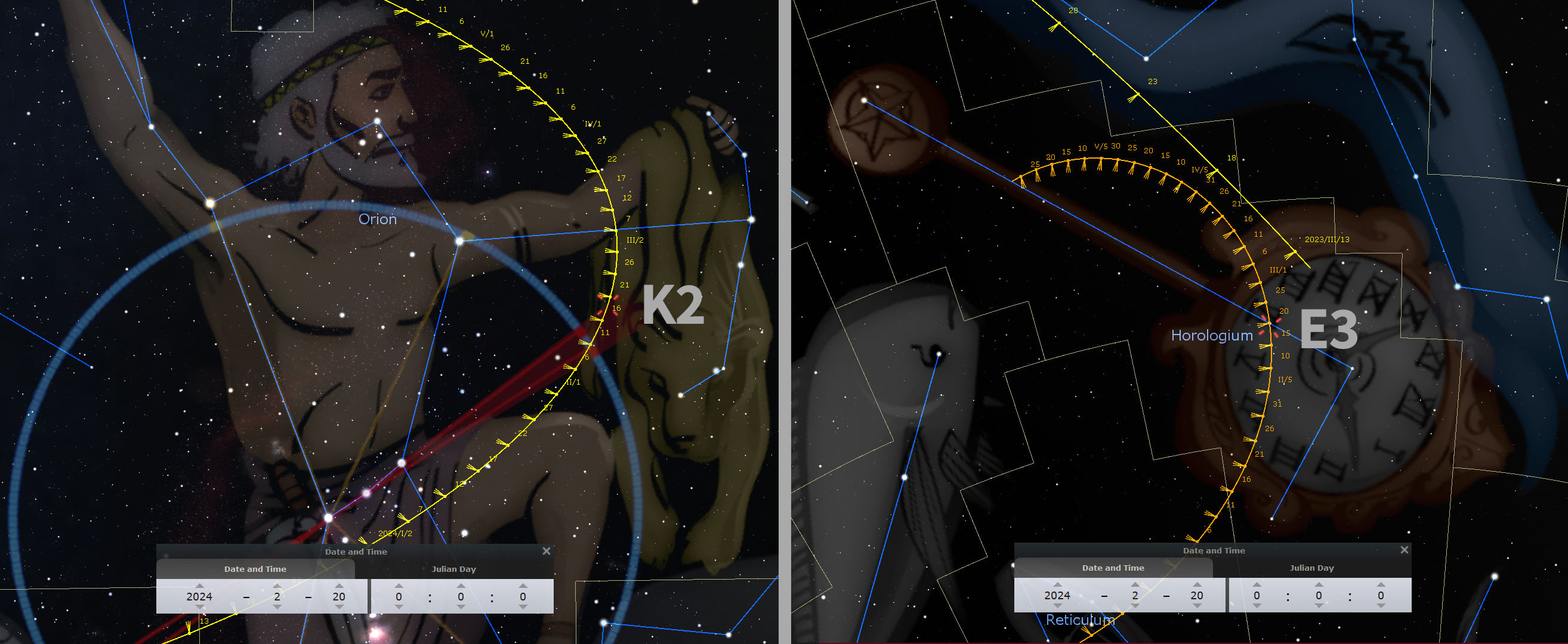 This detailed digital illustration depicts various constellations and celestial markers overlaid on artistic representations of mythological figures, set against a starry night sky. Visible are pathways and labels such as "Orion" and "Horologium," with tools indicating celestial angles and positions for specific times and dates, such as snapshots from February and November 2024.