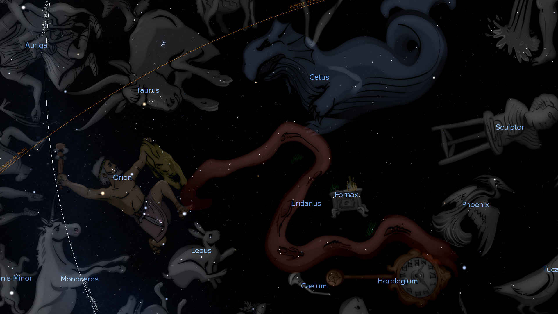 An artistic depiction of the night sky featuring various constellations such as Orion the hunter, Taurus the bull, and other celestial figures drawn as mythical beings overlaid against a backdrop of stars.