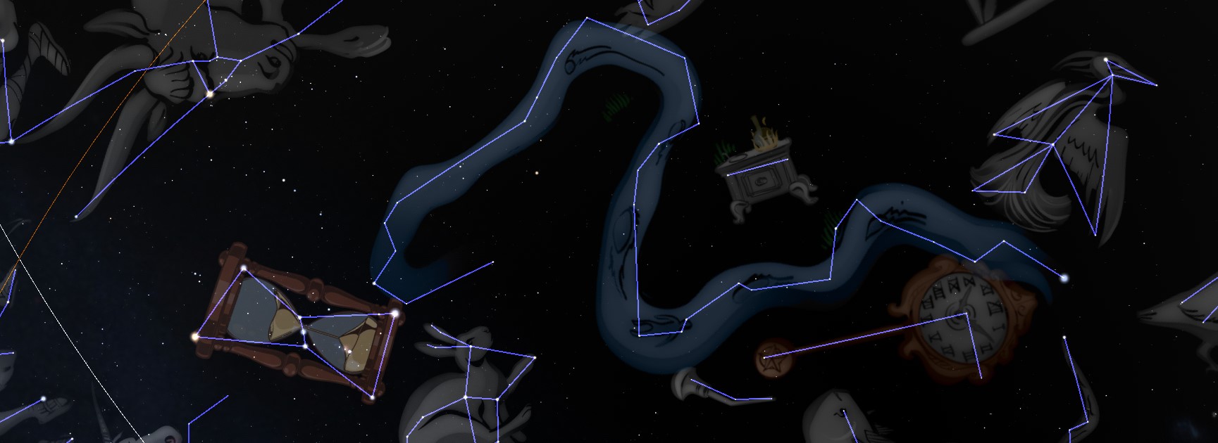 A panoramic illustration of the night sky featuring various constellations outlined in vibrant blue lines against a backdrop of stars. The constellations resemble animal and human figures, including symbols like a scale and a ram, alongside associated objects such as a clock and a planter with lush greenery. The deep space setting is dotted with stardust and nebulous cloud formations, creating a sense of vast, celestial wonder.