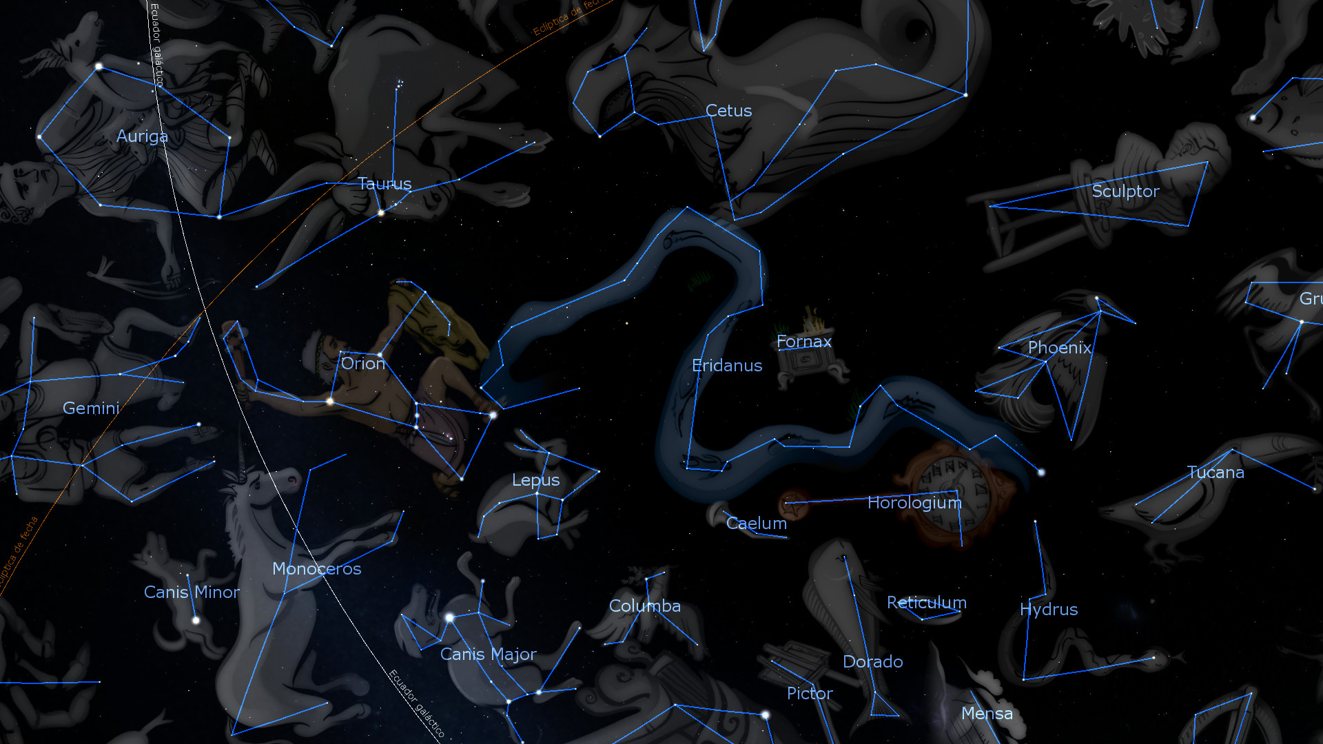 A detailed illustration of the night sky featuring various celestial constellations artistically depicted with mythological and animal figures such as Orion the hunter, Taurus the bull, and Gemini the twins. Each constellation is outlined in blue lines with names labeled in a formal typeface against a dark starry background.