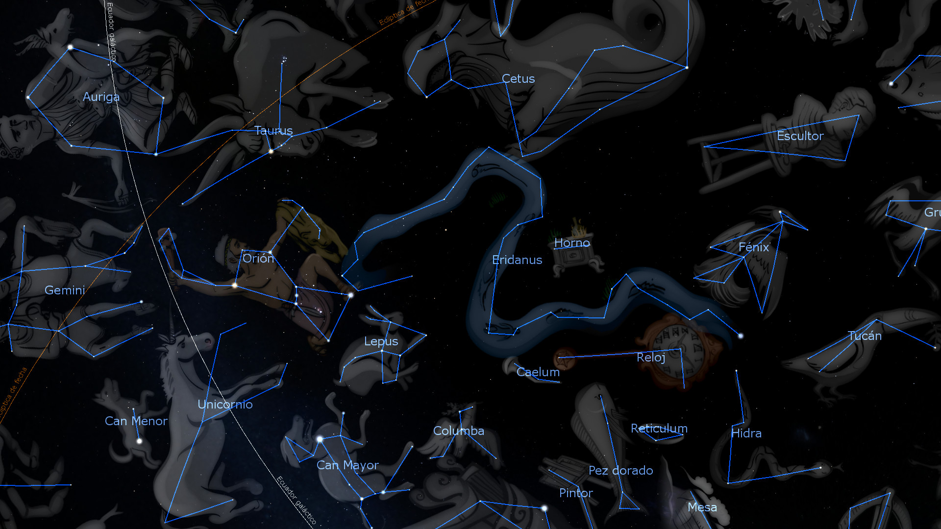 Imagen que muestra una representación artística de diversas constelaciones contra un fondo oscuro que simula el cielo nocturno. Las constelaciones están delineadas con líneas azules y etiquetadas en español, incluyendo configuraciones como Orión, Tauro, y Géminis, cada figura acompañada por su respectiva forma estilizada que representa seres mitológicos y animales.