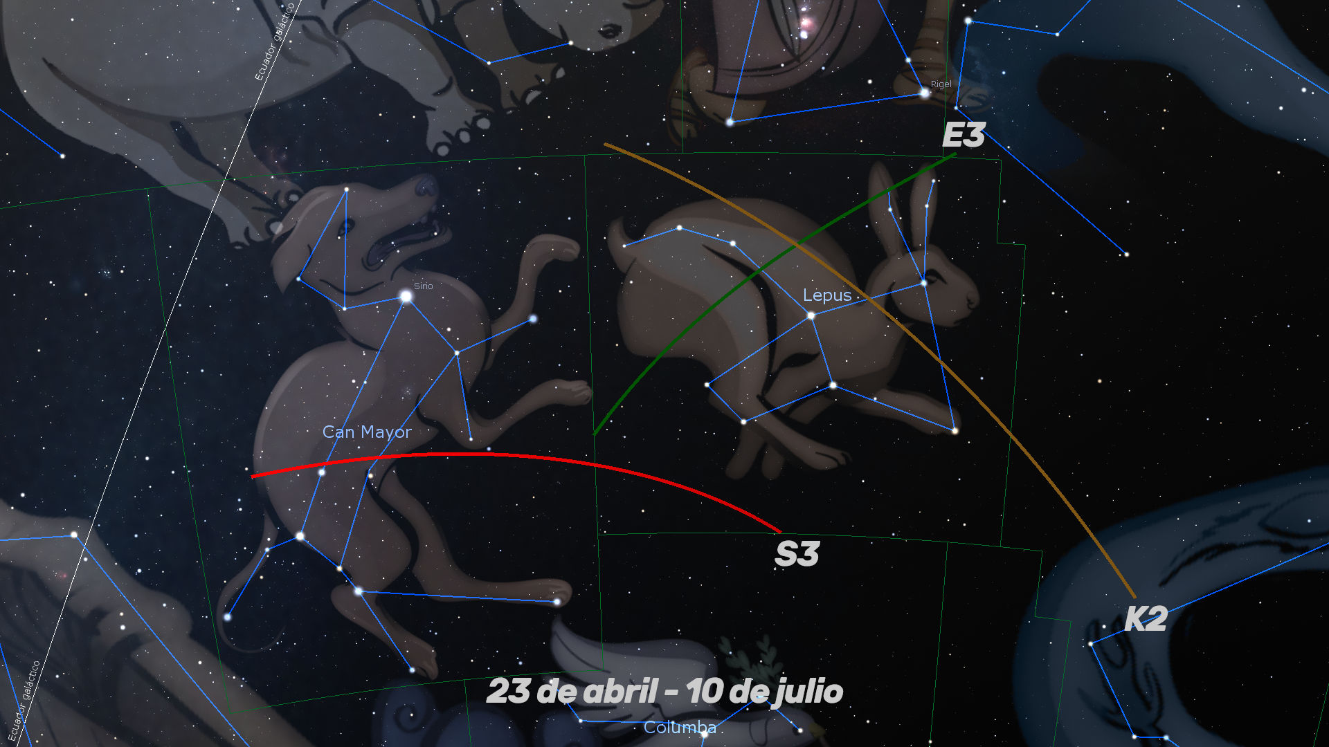 Imagen digital del cielo nocturno que muestra constelaciones con líneas conectando estrellas para formar figuras de animales. Incluye depictions visuales de un perro mayor y un conejo, con nombres de estrellas importantes como Sirio y Rigel etiquetados, así como líneas de tiempo y demarcaciones de área que interpretan su visibilidad en el cielo.