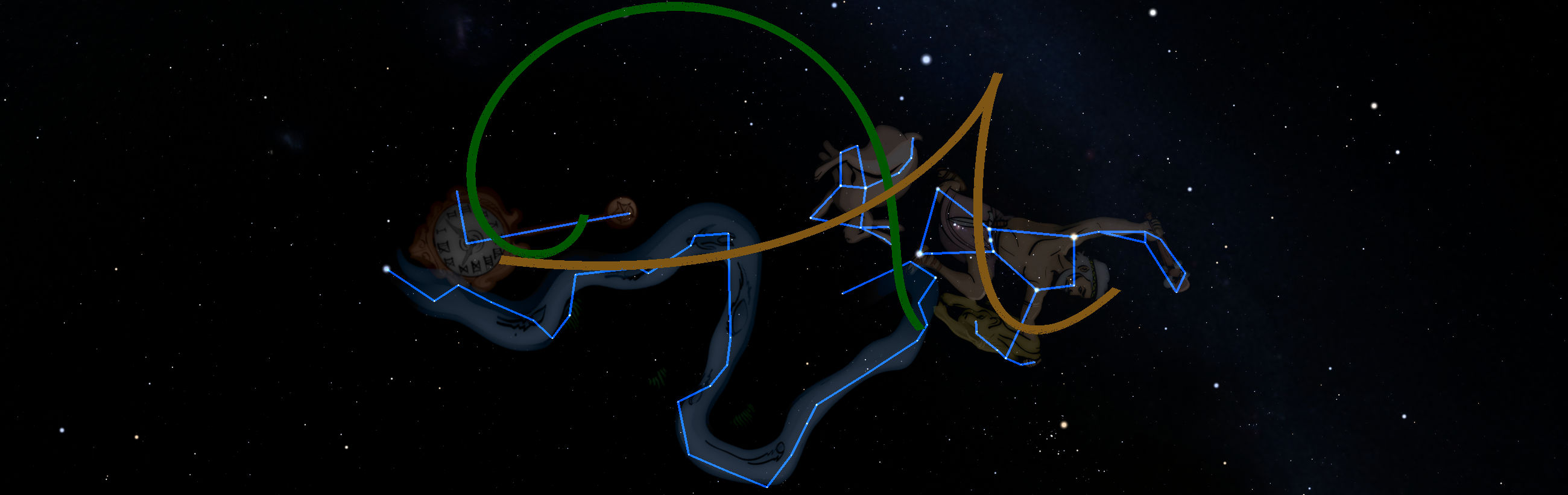 A digitally constructed image depicting a constellation from the Mazzaroth set against a starry night sky. The constellation is outlined in glowing blue lines which connect important stars, emphasized by green and yellow curvilinear paths suggesting an orbital or celestial alignment.