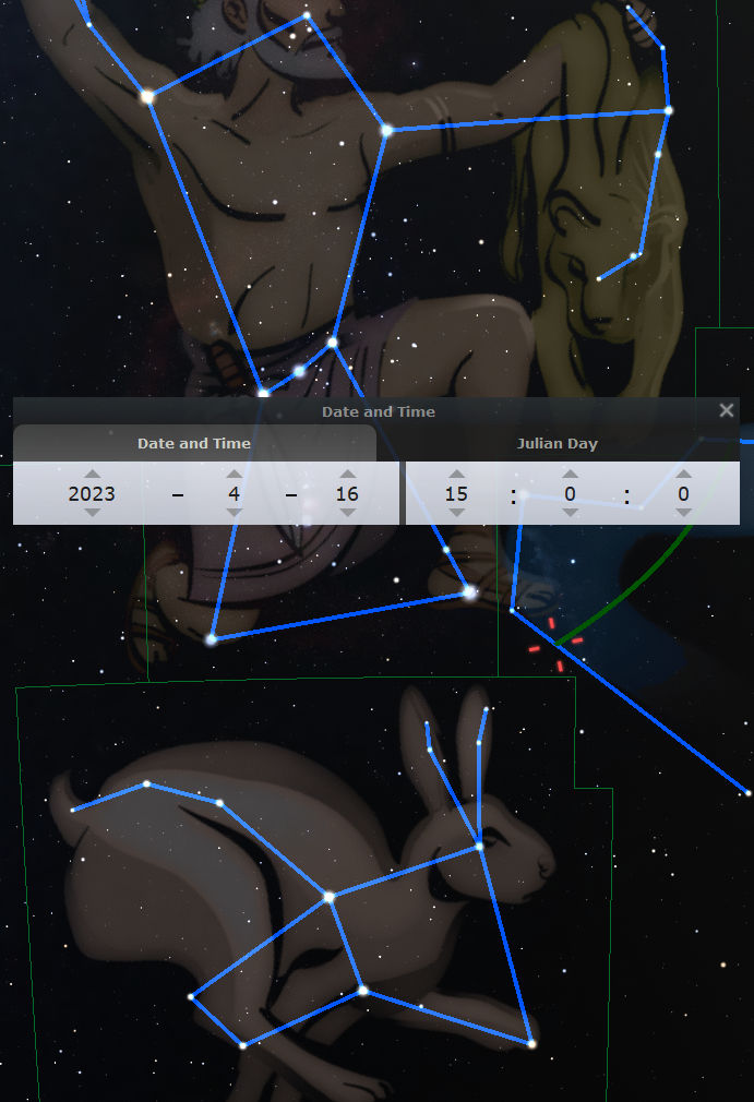 Illustration showing two star constellation figures from the Mazzaroth in a night sky, detailed with a graphical overlay of blue lines connecting stars to outline the figures. The upper figure represents a man holding a cluster of stars, while the lower figure is a rabbit facing left. The interface displays date and time settings, indicating the observation on April 16, 2023.