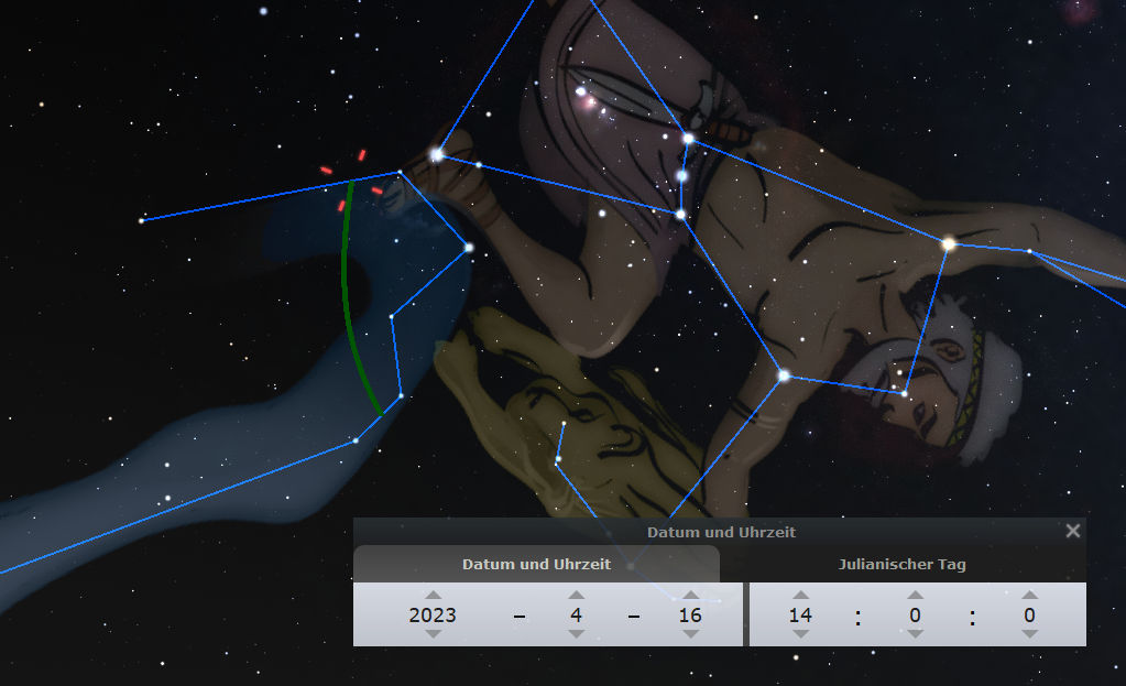 Digitale Darstellung eines Sternbilds aus der Mazzaroth, das einem bogenführenden Krieger ähnelt, inmitten eines Sternenhimmels. Zusätzlich ist ein Overlay aus hell leuchtenden Linien sichtbar, die die Form des Sternbilds nachzeichnen. Im Vordergrund zeigt ein digitales Interface das Datum 2023-04-16 und die Uhrzeit 14:00 am julianischen Tag.