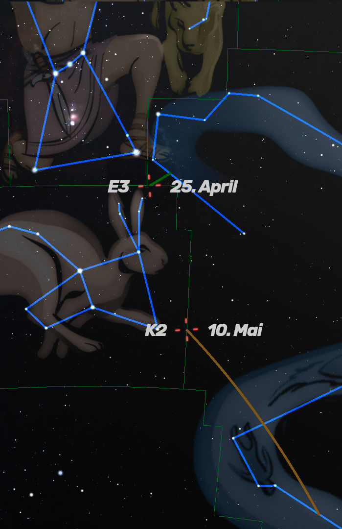 Eine Darstellung des Sternenhimmels mit überlagerten Linien, die die Mazzaroth-Konstellationen darstellen. Die Bildillustrationen zeigen verschiedene Figuren und Himmelskörper, dazu sind Datenpunkte wie "25. April" und "10. Mai" markiert, mit Linien zu entsprechenden Punkten im Bild.