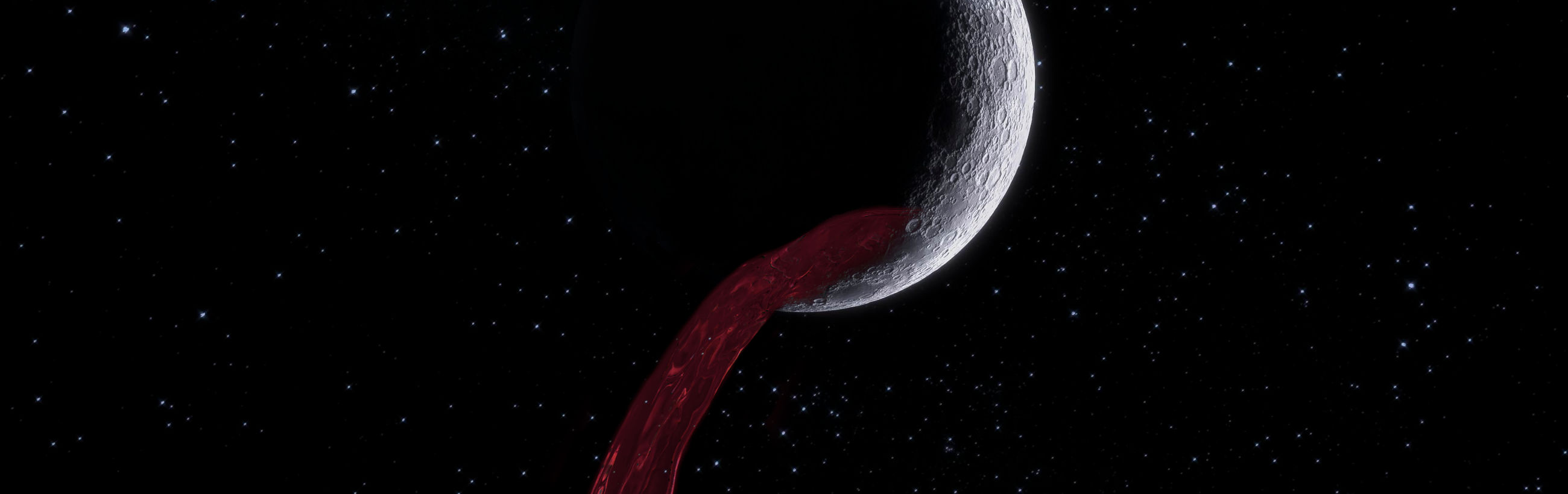 A digitally enhanced cosmic scene featuring a monochrome moon partially enveloped in red shadow against a starry night sky.