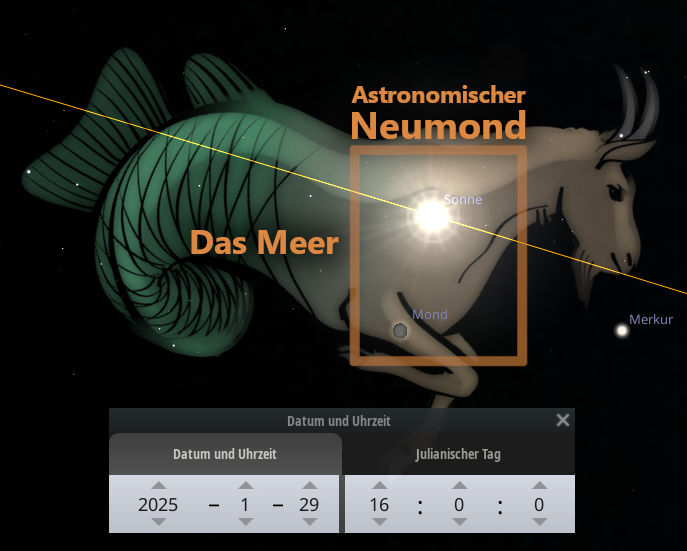 Illustration zeigt eine astronomische Anordnung mit der Sonne im Zentrum, umgeben von Mond und dem Planeten Merkur. Zwei große Sternbilder, eines symbolisch das Meer und das andere eine gehörnte Kreatur darstellend, flankieren die Szene. Am unteren Bildrand sind Informationen zum Datum und zur Uhrzeit einer astronomischen Neumond-Phase im Jahr 2025 zu sehen.