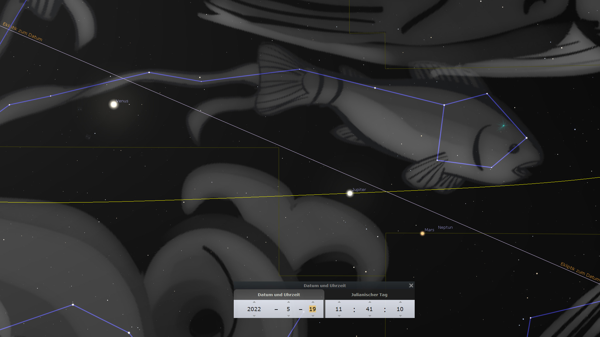 Ein astronomisches Bild, das eine schematische Darstellung der Bewegungen und Positionen verschiedener Planeten wie Venus, Jupiter, Mars und Neptun zeigt. Im Hintergrund ist das Mazzaroth gezeichnet, welches aus verschiedenen Formen besteht, die mit blauen Linien markiert sind. Im Vordergrund ist eine Schnittstelle zu sehen, die Datum und Uhrzeit (2022-5-19 11:41:10) sowie den Julianischen Tag anzeigt.