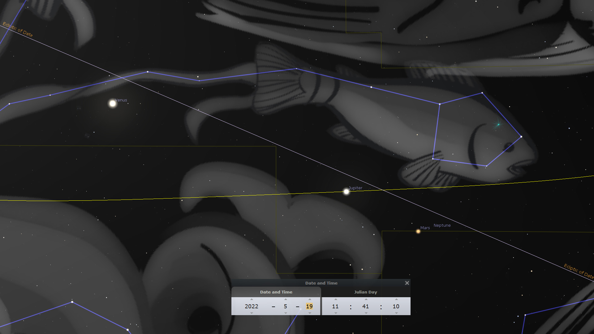 An astronomical software display showing the night sky with planets Venus, Jupiter, and Neptune labeled. The constellation outlines are highlighted, and parts of the Mazzaroth are depicted against a backdrop of countless stars. A graphical user interface at the bottom shows date and time settings.