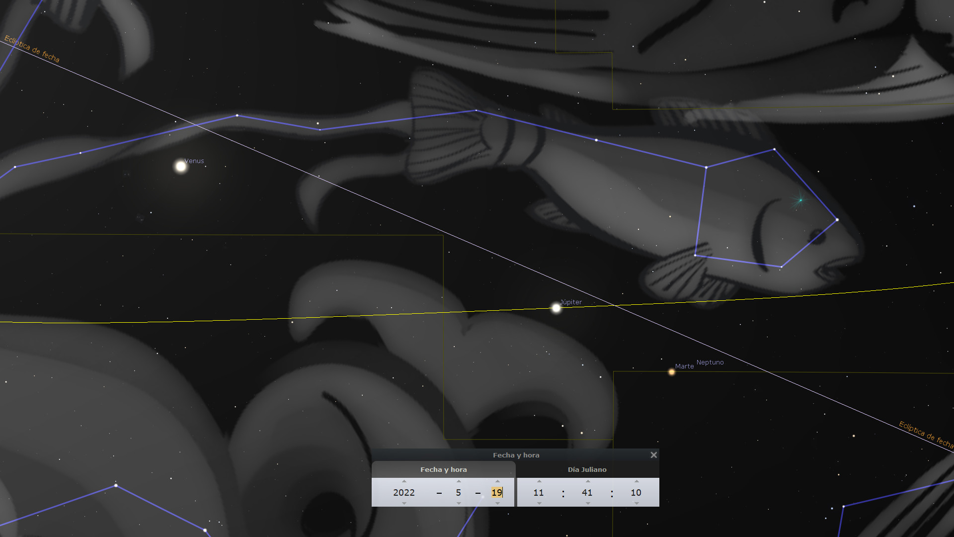 Una representación visual de una sección del cielo nocturno destacando los planetas Venus y Júpiter. Se observan imágenes estilizadas de constelaciones conectadas por líneas azules sobre un fondo oscuro estrellado.