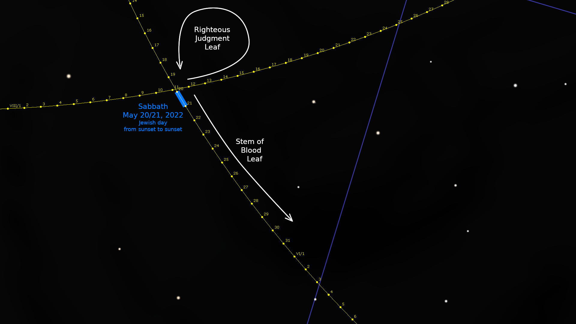 A celestial chart displaying the night sky with annotated stars connected by lines to form symbolic shapes. Notations such as "Righteous Judgment Leaf", "Stem of Blood Leaf", and "Sabbath May 20/21, 2022, Jewish day from sunset to sunset" are labeled accordingly. The chart is designed with a black background, illustrating star positions and connecting lines in yellow and blue.