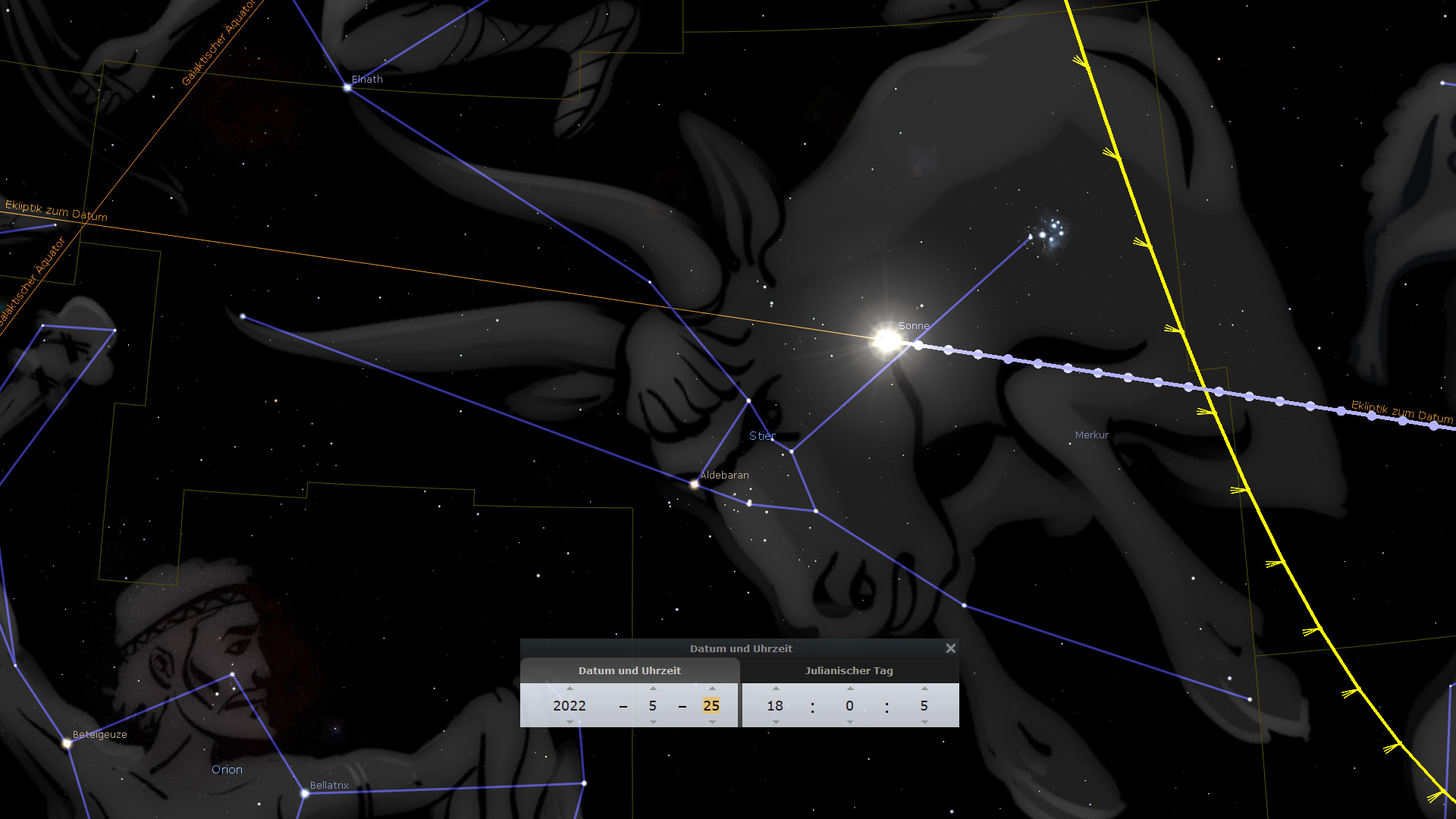 Eine digitale Darstellung des Nachthimmels, die Sternbilder und astronomische Positionen umfasst. Im Fokus ist die strahlende Sonne sichtbar, umgeben von konstellativen Linien, die bedeutende Sterne wie Aldebaran und Betelgeuse verbinden. Die gelben Linien kennzeichnen die Ekliptik. Ein Informationsfenster zeigt das Datum und die genaue Uhrzeit.