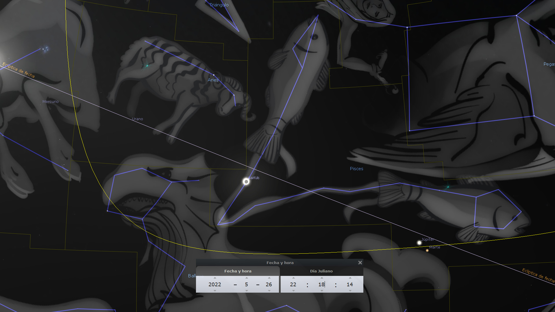 Representación digital en tonos de gris de diversas constelaciones conectadas por líneas azules, incluyendo imágenes de animales y figuras humanas, sobre un fondo oscuro estrellado. Se observan etiquetas con nombres de planetas como Mercurio y Júpiter, y términos técnicos de astronomía.