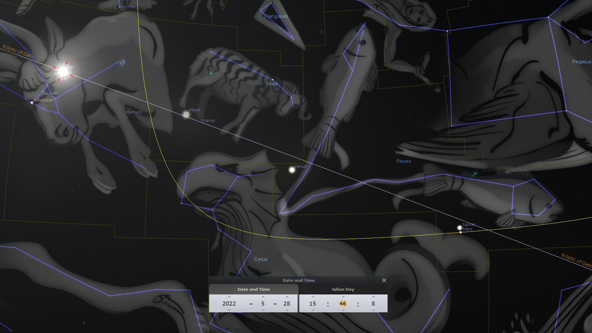 An astronomical diagram depicting various constellations and celestial bodies, including a sunburst highlighted near the Mazzaroth depiction of Taurus, with nearby planets like Venus and Mercury indicated. The scene is overlaid with connectivity lines between stars forming the outlined constellations, under a dark background. A data panel shows the date and Julian day.