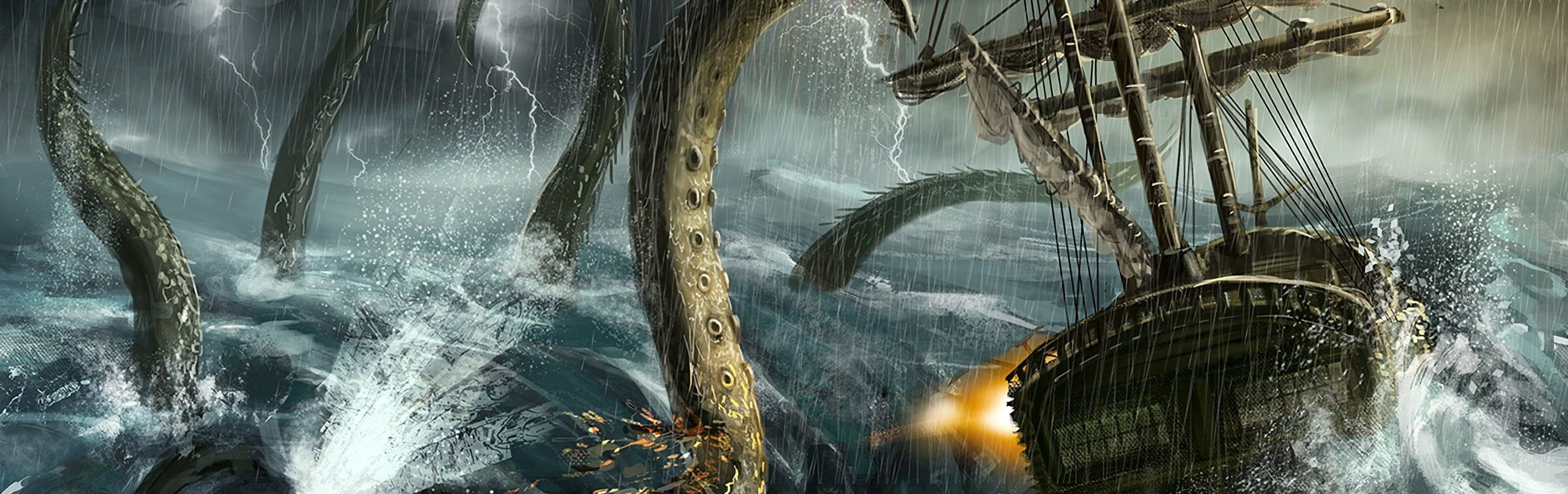 A dramatic digital painting depicting a stormy ocean scene with two massive sea creatures, resembling serpents, entwined around an old sailing ship. The dark, tumultuous sky is lit by bolts of lightning, further dramatizing the already turbulent waters. The ship's sails are tattered and torn, barely holding against the wrath of the storm and the ocean's might.