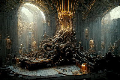 A grand cathedral interior overwhelmed by an intricate, celestial-inspired sculpture that intertwines Mazzaroth-themed elements with a baroque architectural backdrop. A prominent gilded chandelier illuminates the scene, casting an ethereal glow on the scattered artifacts and relics below.