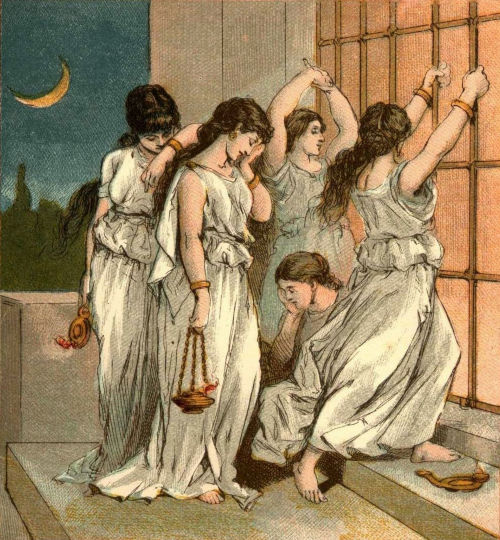 Depiction of five individuals in classical attire on a balcony under a crescent moon. Two are standing and pointing at the moon, while three others engage in various activities; one holds what appears to be a lantern, another appears reflective, and the third is tying her sandal.