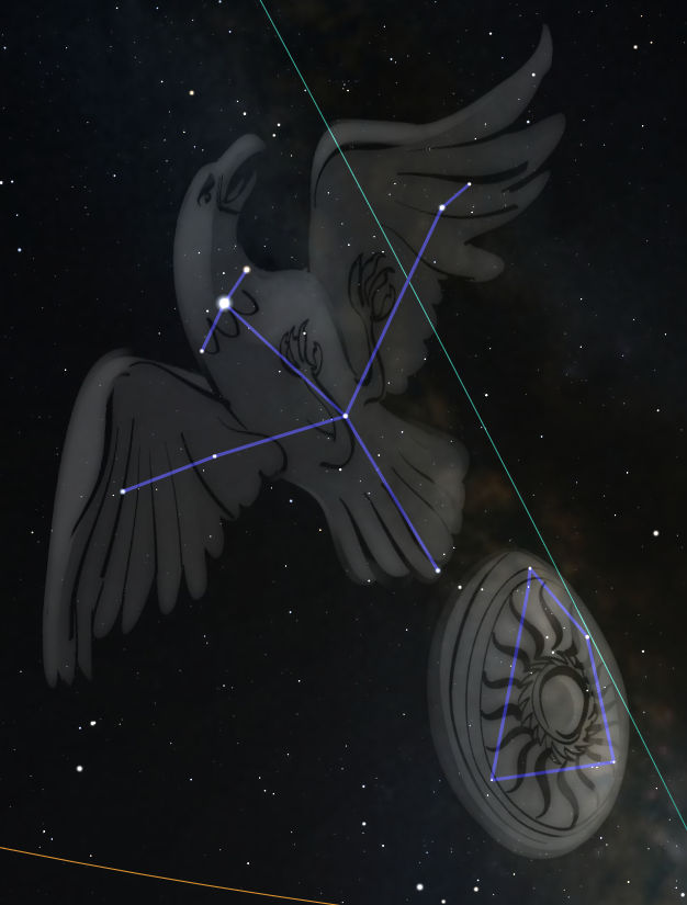 Illustration of a celestial scene depicting a classical representation of an avian figure soaring through a starry sky overlayed with geometric lines possibly representing an aspect of the Mazzaroth, next to an ancient circular symbol with elaborate designs within it aligned with the stars.