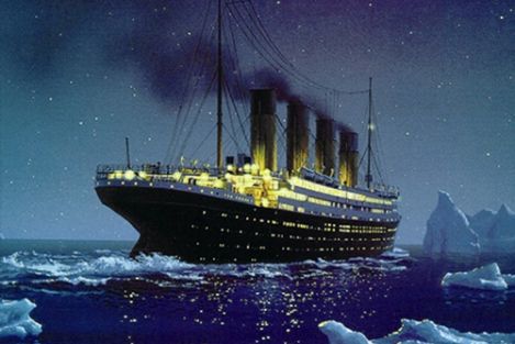 An early 20th-century ocean liner travels through icy waters under a night sky illuminated by stars, including those of the Mazzaroth. Icebergs loom in the background, enhancing the scene's dramatic and chilly atmosphere.