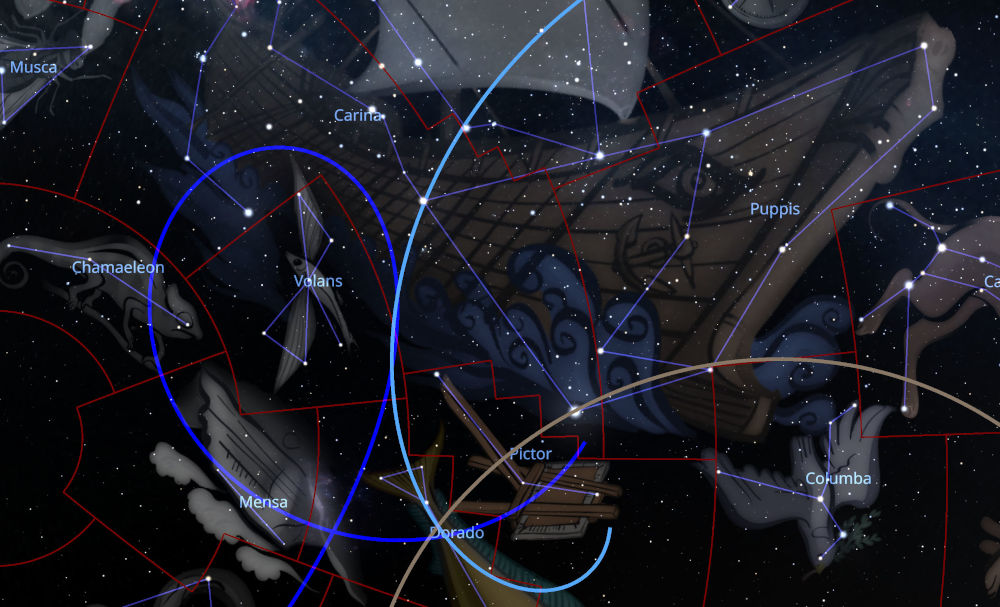 A digital representation of a dark starry sky featuring detailed illustrations of various constellations mapped out with connecting lines and labeled with names like Musca, Carina, and Puppis. The constellations are depicted with artistic symbols including ships and animals, all depicted against a backdrop of faint celestial clouds and interspersed with numerous small stars.