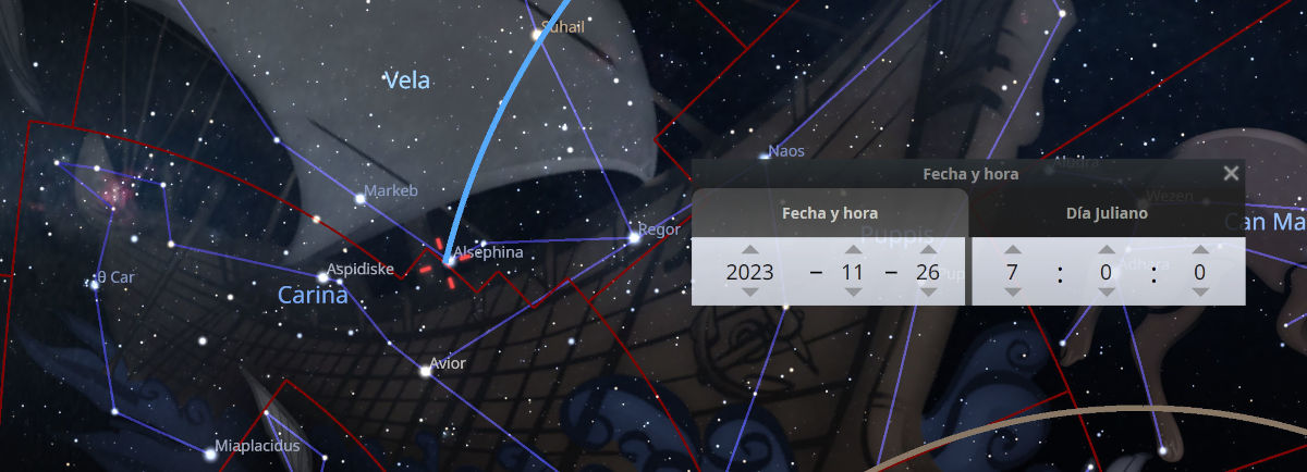 Imagen de una aplicación de astronomía mostrando constelaciones con nombres y líneas que conectan las estrellas, sobre un fondo estrellado. Un cuadro de diálogo muestra una fecha ajustada al 26 de noviembre de 2023.