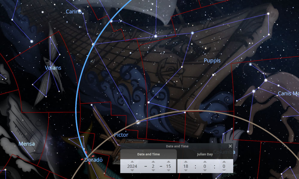An artistic depiction of the night sky filled with various celestial constellations and a date and time interface overlay indicating February 15, 2024. Representative images of animals and objects are shown within outlined constellations, including segments marked as Volans, and Puppis.