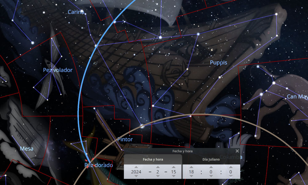 Ilustración digital de una sección del cielo nocturno, mostrando constelaciones como Carina, Mesa y Puppis con líneas que conectan sus estrellas, superpuesta sobre un fondo cósmico con detalles artísticos que incluyen elementos náuticos y animales marinos. Visible también una interfaz de usuario con ajustes de fecha en la esquina inferior derecha.