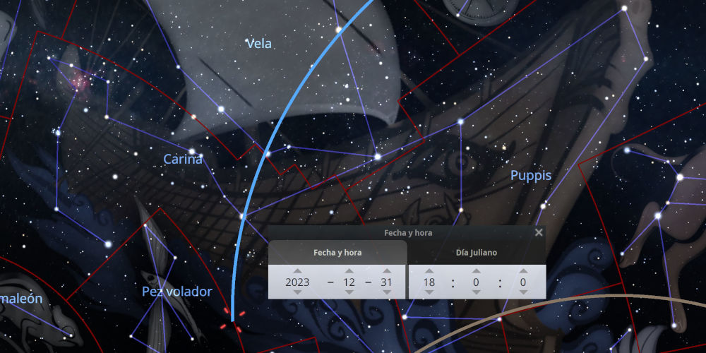 Imagen de un cielo estrellado con superposiciones de líneas que conectan estrellas formando constelaciones como Vela, Carina y Puppis. También se muestra una interfaz de software de observación astronómica con ajustes de fecha y hora indicando el 31 de diciembre de 2023.