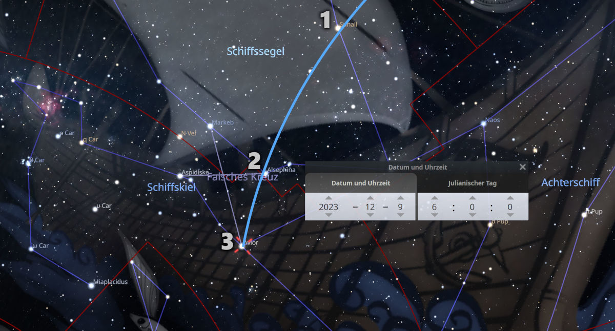 Sternkarte mit Overlays der Konstellationslinien und Namen wichtiger Sterne, überlagert auf einem Hintergrund, der Teile eines antiken Navigationsinstruments zeigt. Ein Datum- und Uhrzeit-Bereich zeigt "2023 – 12 – 9" und "6:00:00" in einem interaktiven Interface.