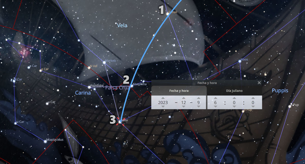 Imagen detallada de un mapa estelar interactivo con superposiciones de líneas que conectan estrellas formando figuras específicas en el firmamento, incluyendo Carina y Vela. Marcadores numerados destacan áreas claves sobre un fondo de una superficie oscura moteada con estrellas. Una ventana de interfaz en el mapa muestra la fecha y hora del 9 de diciembre de 2023.