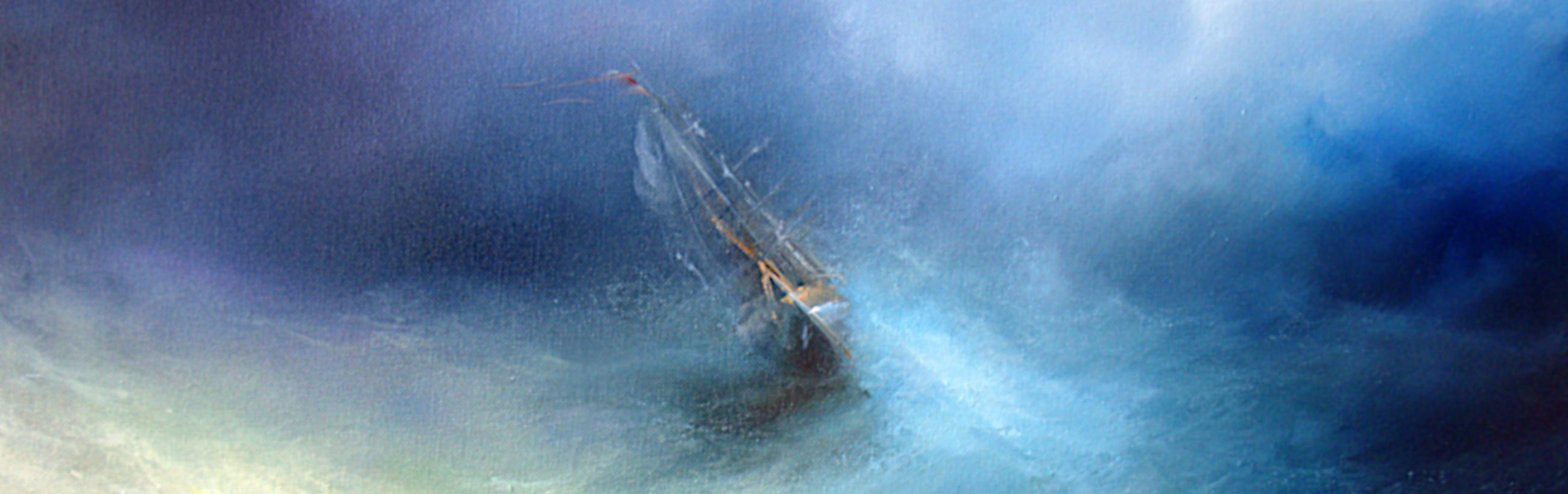 A dramatic painting depicting a lone ship with wind-tossed sails struggling against tumultuous sea waves under a stormy, expressive sky.