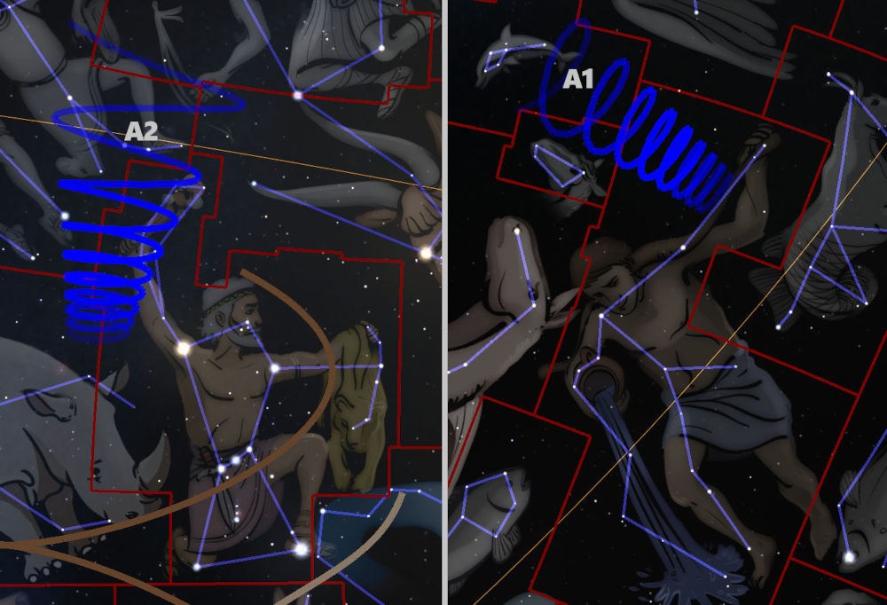 A digital artwork depicting two constellations identified by stylized blue lines. On the left, a figure resembling a man with a bow is overlaid by a radiating blue spiral labeled "A2". On the right, a similar figure seems to pour water from a vessel, with the label "A1".