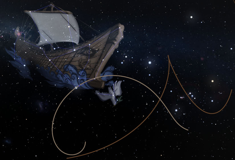 Digital illustration of a spectral ship navigating through a starry expanse, with delicate golden lines swirling around it, set against a backdrop of a dense star field and distant galaxies. A golden path traces an elegant curve in the vast cosmos.