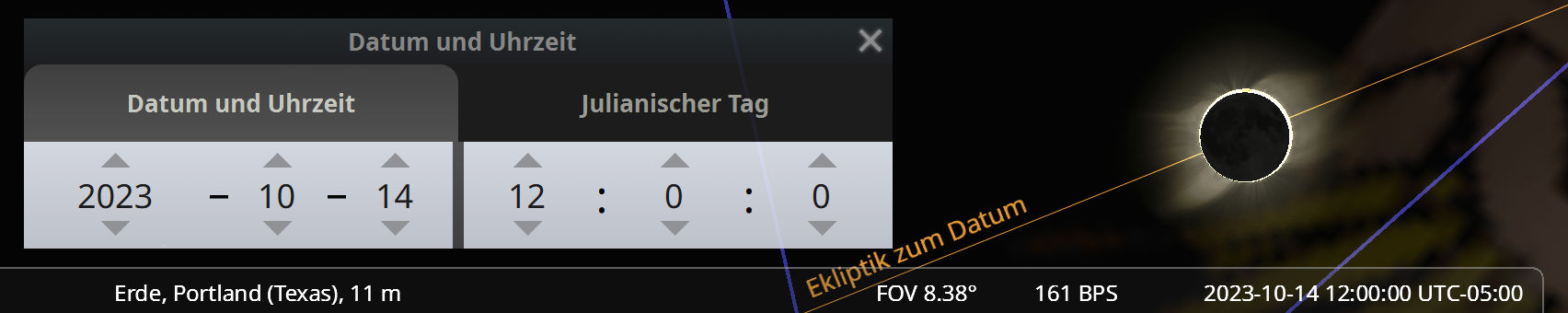 Ein Bildschirm zeigt ein astronomisches Planungswerkzeug, das Datum und Uhrzeit im Oktober 2023 anzeigt, dazu das Fenster für einen julianischen Tag. Rechts im Bild ist die Darstellung einer Sonnenfinsternis zu sehen, die Erde auf ihrer elliptischen Bahn um die Sonne symbolisierend, eingerahmt von der strahlenden Sonnenkorona.