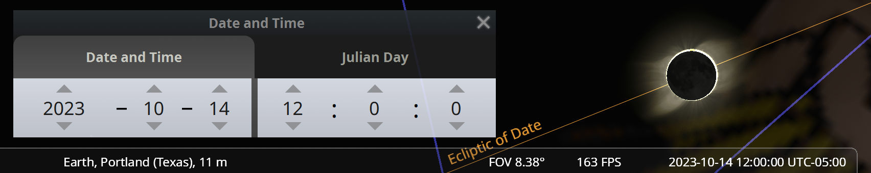 A screenshot displaying a date and time adjustment interface with inputs set to October 14, 2023, 12:00 PM on a backdrop of a dark interface indicating Earth, Portland (Texas) location at 11 meters elevation. The right side of the image shows a visual simulation of a solar eclipse with a bright corona visible around a darkened moon obstructing the sun, with lines indicating the ecliptic and field of view.