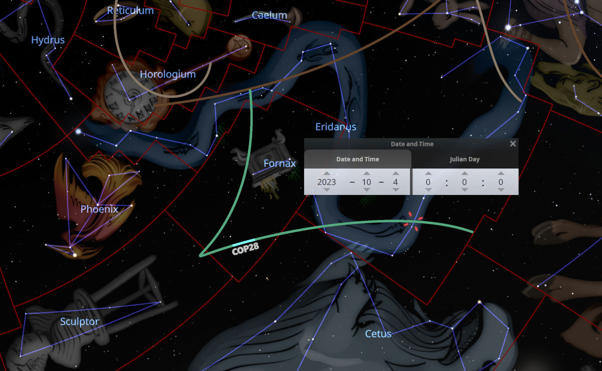A digital star map displaying various constellations with labeled names such as Phoenix, Fornax, Eridanus, Cetus, and others intertwined with red, blue, and green lines marking celestial boundaries. A pop-up window foregrounds showing the date and time set to October 4, 2023, with the Julian Day input fields.