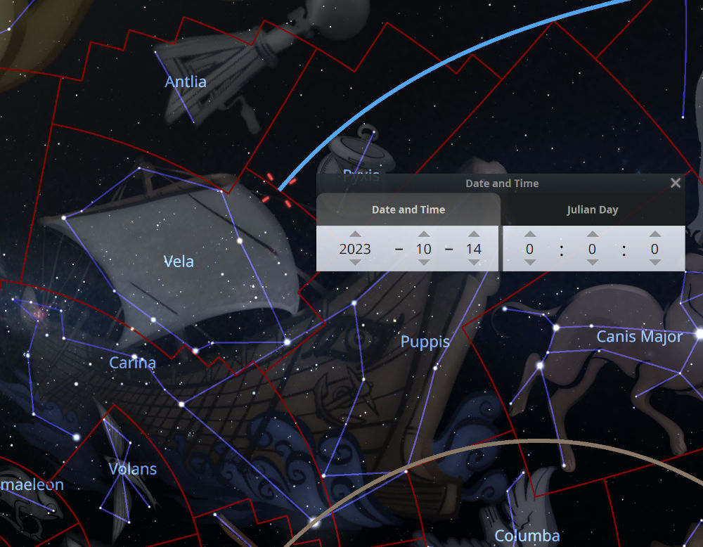 Digital depiction of the night sky with multiple constellations outlined and labeled, such as Vela, Carina, and Canis Major. A user interface displays the date as October 14, 2023, and Julian Day.