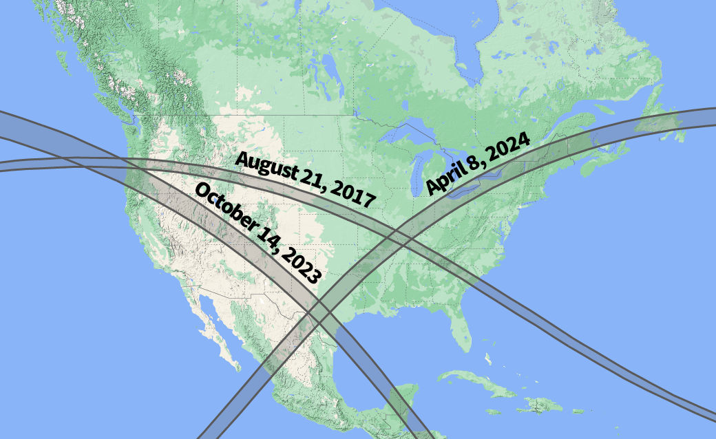 A map of the United States displaying celestial paths of solar activity across the country marked with dates: August 21, 2017, October 14, 2023, and April 8, 2024. The paths are shown as curved black lines over a green and beige topographical background.
