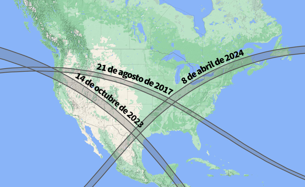 Mapa de América del Norte con líneas curvas superpuestas marcando eventos astronómicos importantes. Las fechas "21 de agosto de 2017", "14 de octubre de 2023", y "8 de abril de 2024" están etiquetadas en diferentes puntos sobre las trayectorias.