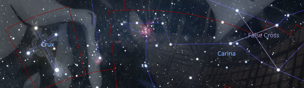 A panoramic view of a starry night sky segmented by red and blue overlays highlighting different constellations. The constellations Crux, Carina, and the False Cross are marked with their names and connected by blue lines that outline their celestial formations.