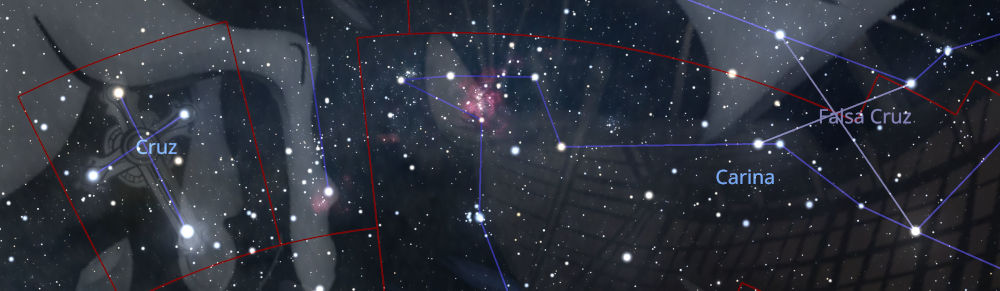 Imagen digital que muestra una representación del cielo estrellado con constelaciones, destacando las formaciones brillantes y líneas conectadas que forman figuras como la Cruz, Falsa Cruz y Carina, sobre un fondo oscuro que sugiere el vasto espacio.