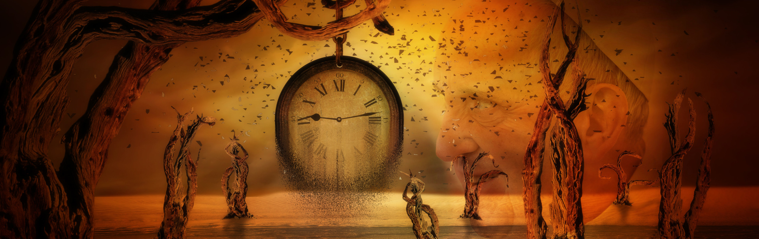 Surreal artistic image depicting a large antique clock suspended in a golden-hued ethereal landscape with scattered fragments floating around. Gnarled tree-like structures and eroded figures blend into an expansive, mysterious environment suggesting themes of time's passage and its relation to the celestial order.